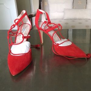 ⭐️Boden⭐️Red Suede Tassel Lacing Pumps